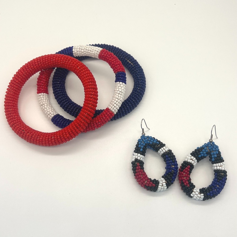 Handmade Seed‎ Bead Crochet Bangle Bracelets Earrings Red White Blue Vintage